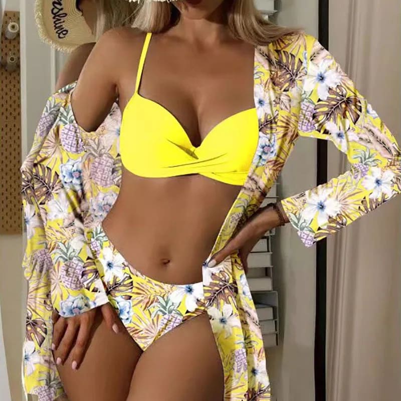 3‑Piece Floral Push‑Up Bikini & Kimono Cover‑Up Set - Yellow / S On sale