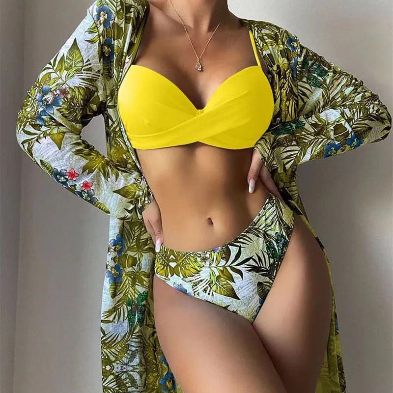 3‑Piece Floral Push‑Up Bikini & Kimono Cover‑Up Set - Yellowgreen / S On sale