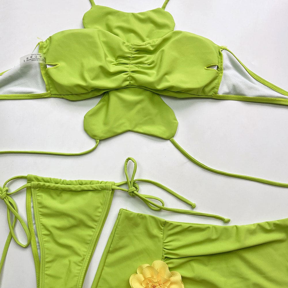 3D Floral Tie-Side Halter Brazilian Bikini Set – 3 Piece - On sale