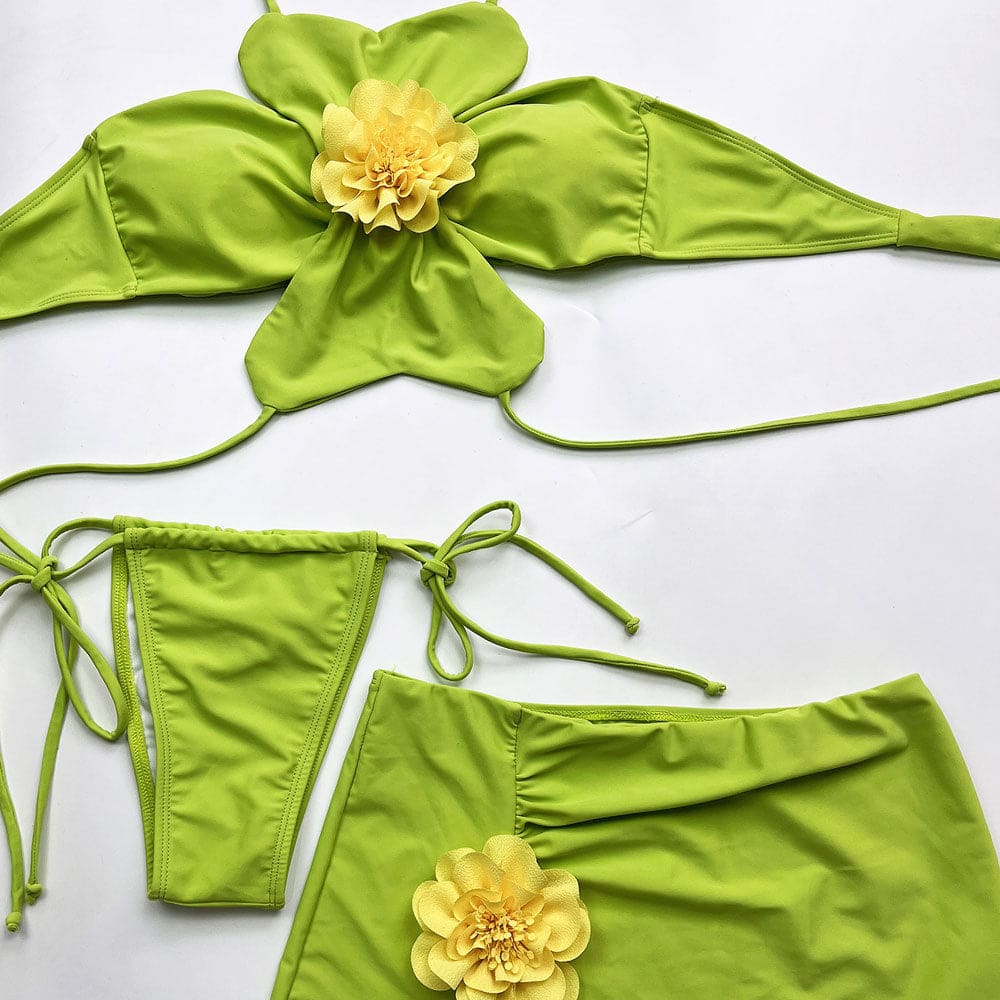 3D Floral Tie-Side Halter Brazilian Bikini Set – 3 Piece - On sale