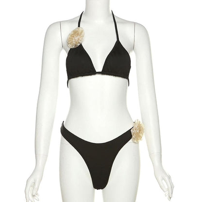 3D Flower Sexy Bandeau Brazilian Bikini Swimsuit - Black2 / S On sale