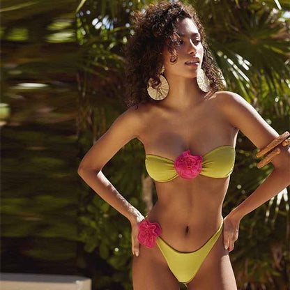 3D Flower Sexy Bandeau Brazilian Bikini Swimsuit - pickle greens / S On sale