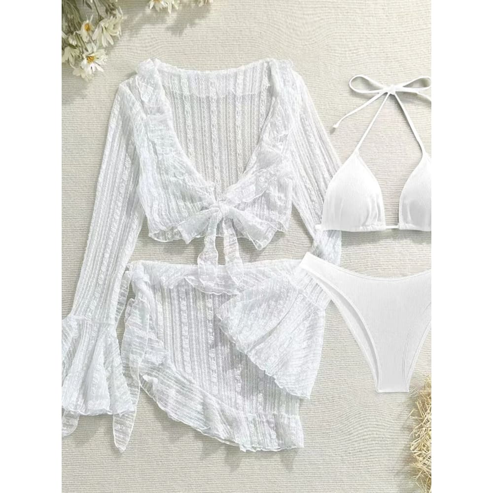 4PCS Halter Mesh Sarong Long Sleeve Bikini Set - All White / M On sale