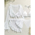 All-white striped mesh long-sleeve halter bikini cover-up with ruffled sarong and triangle bikini