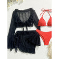 Black striped mesh long-sleeve halter cover-up with red triangle bikini and matching bottoms