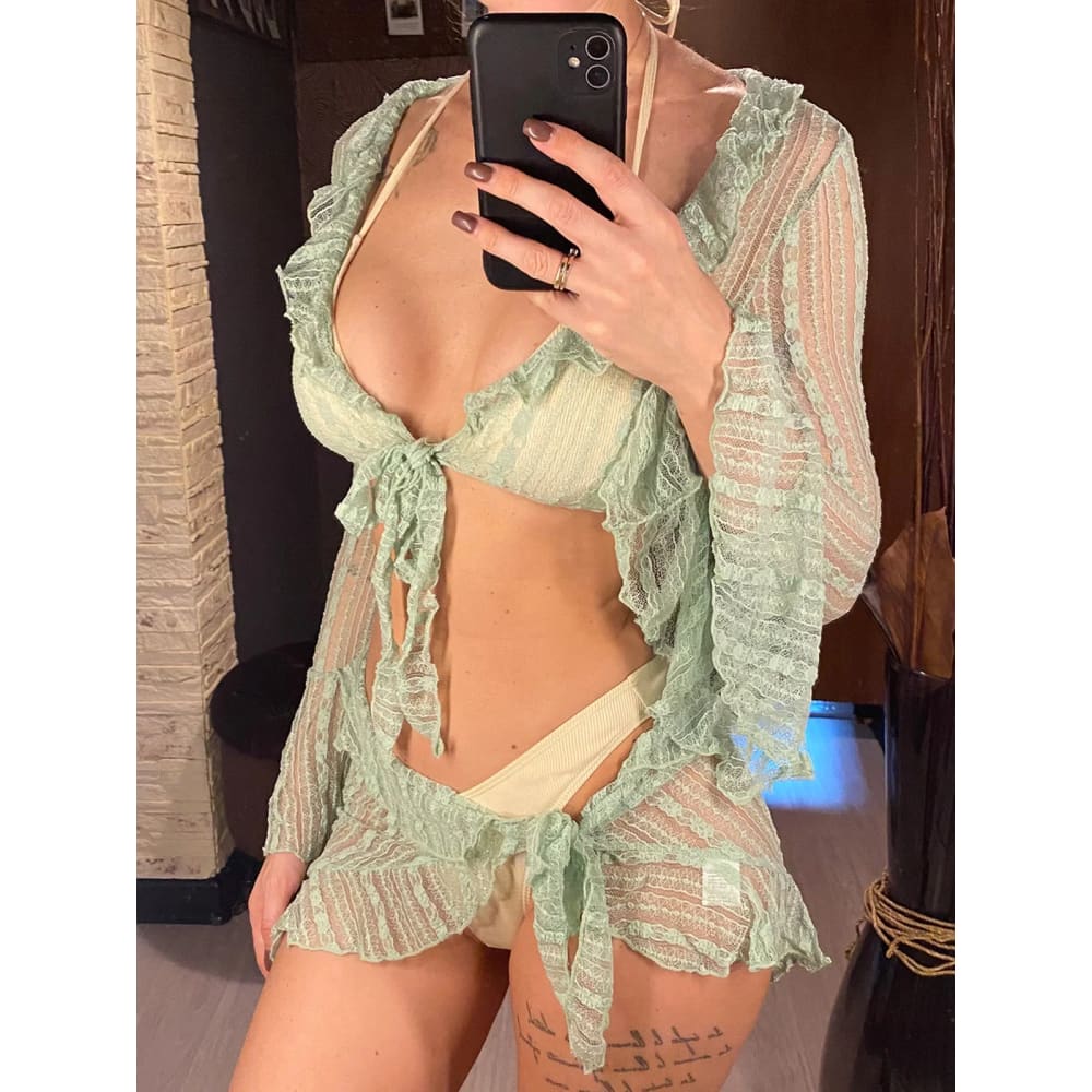 4PCS Halter Mesh Sarong Long Sleeve Bikini Set - green / L On sale