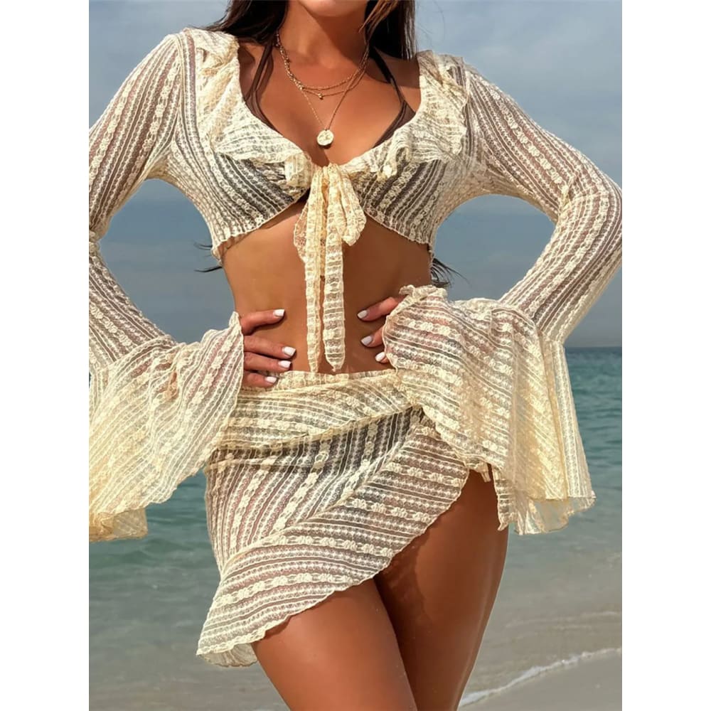 4PCS Halter Mesh Sarong Long Sleeve Bikini Set - Off White / S On sale