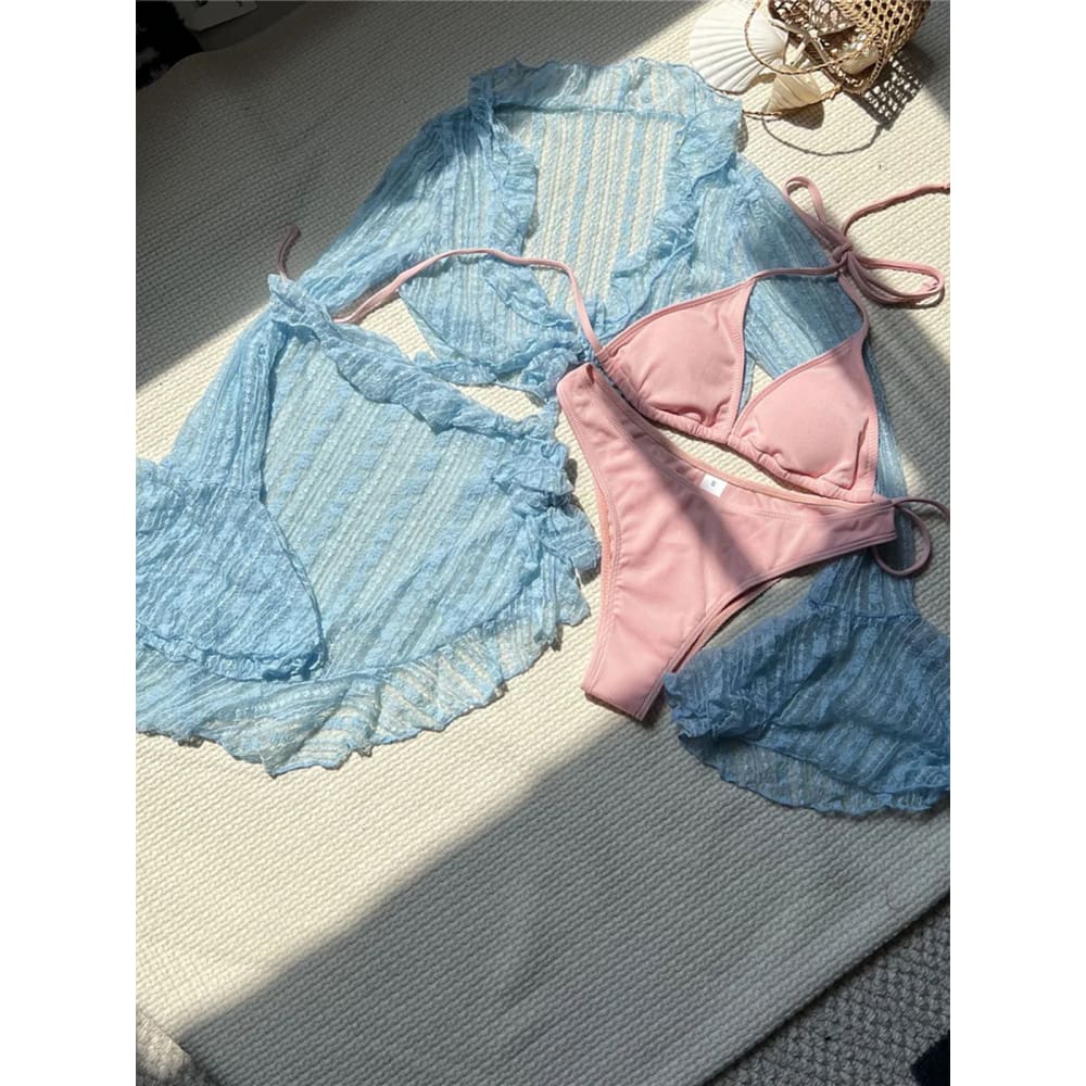 4PCS Halter Mesh Sarong Long Sleeve Bikini Set - SKY BLUE / S On sale