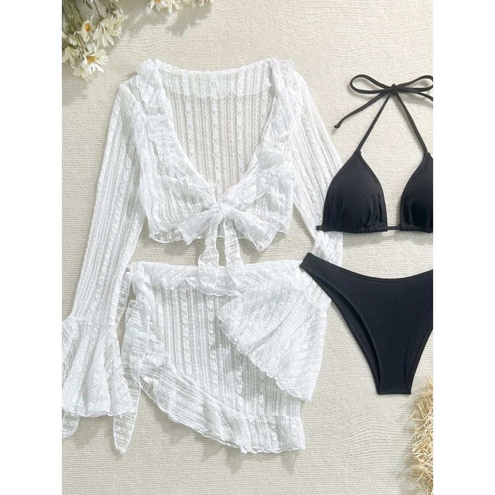 4PCS Halter Mesh Sarong Long Sleeve Bikini Set - White Black / S On sale