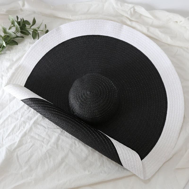 70cm Wide-Brim Foldable Beach Sun Hat - Black and White / 54-57cm On sale