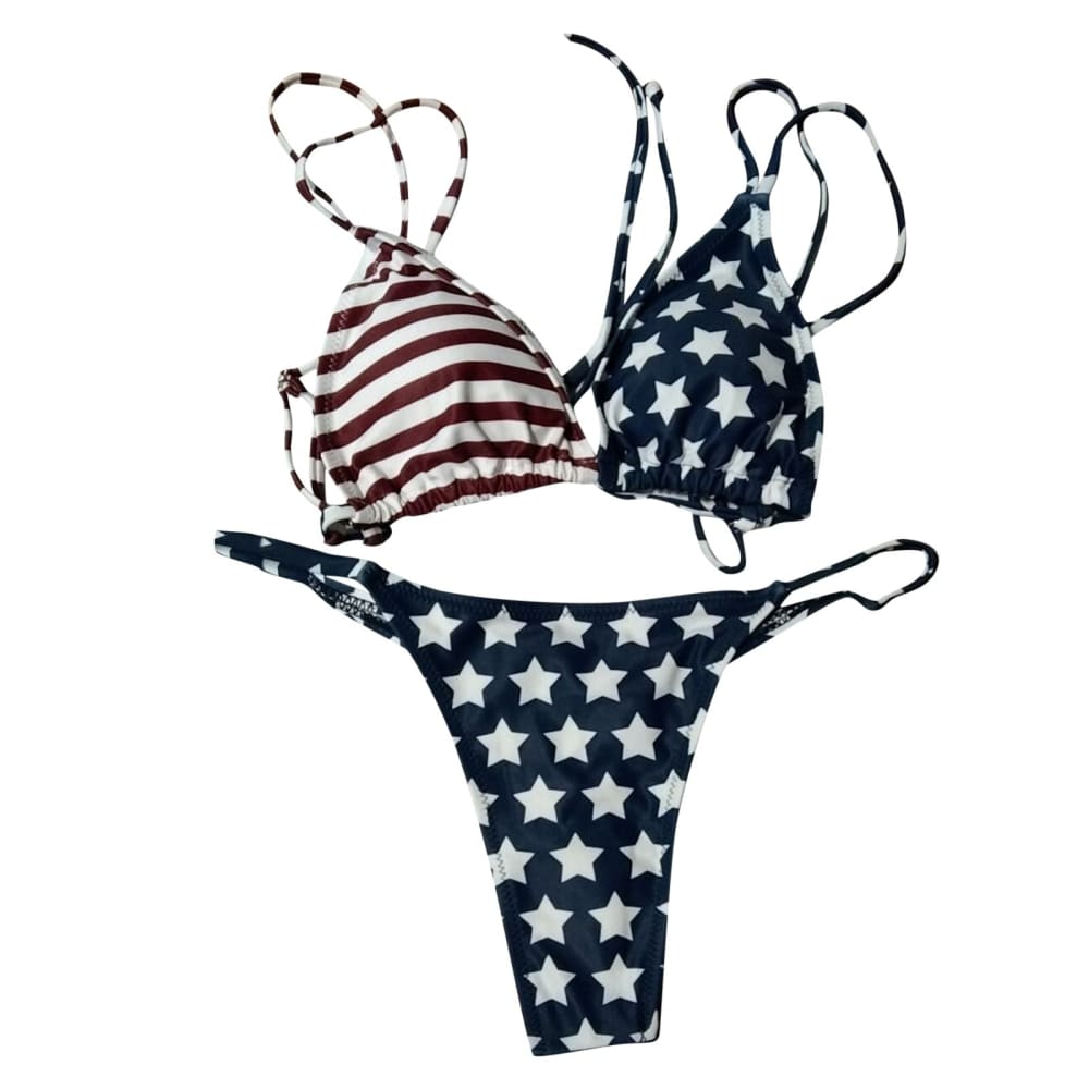 American Flag Strappy Micro Thong Bikini Set - On sale