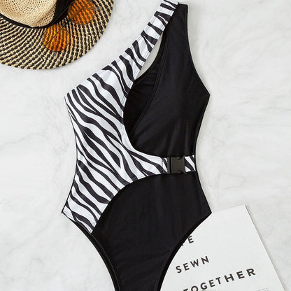 Asymmetric High Cut Contrast Zebra One Piece Swimsuit - On sale
