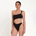 Sunnybikinis black one-shoulder asymmetric ring one-piece with high-cut Brazilian legs
