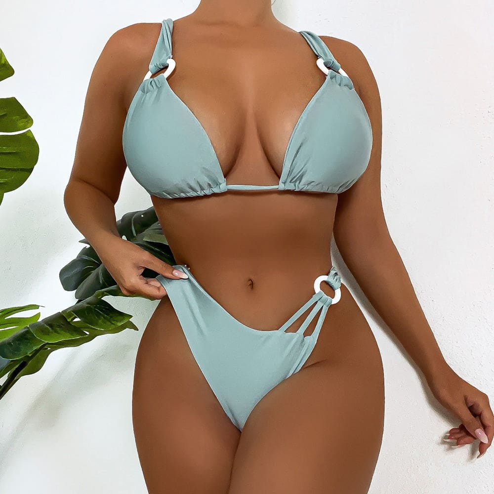 Asymmetrical High Cut Loop Trim Triangle Brazilian Bikini - Light Blue / S On sale