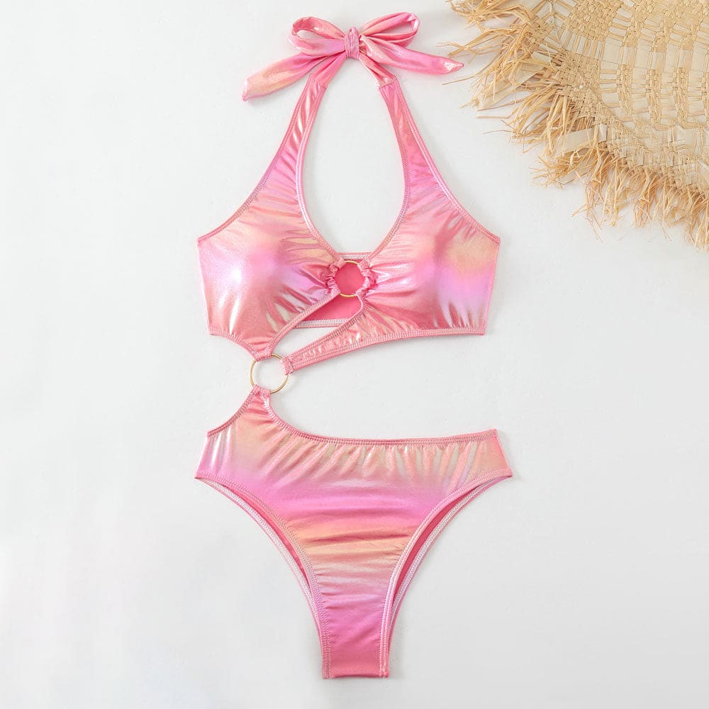 Asymmetrical Metallic O Ring Cutout Monokini - On sale