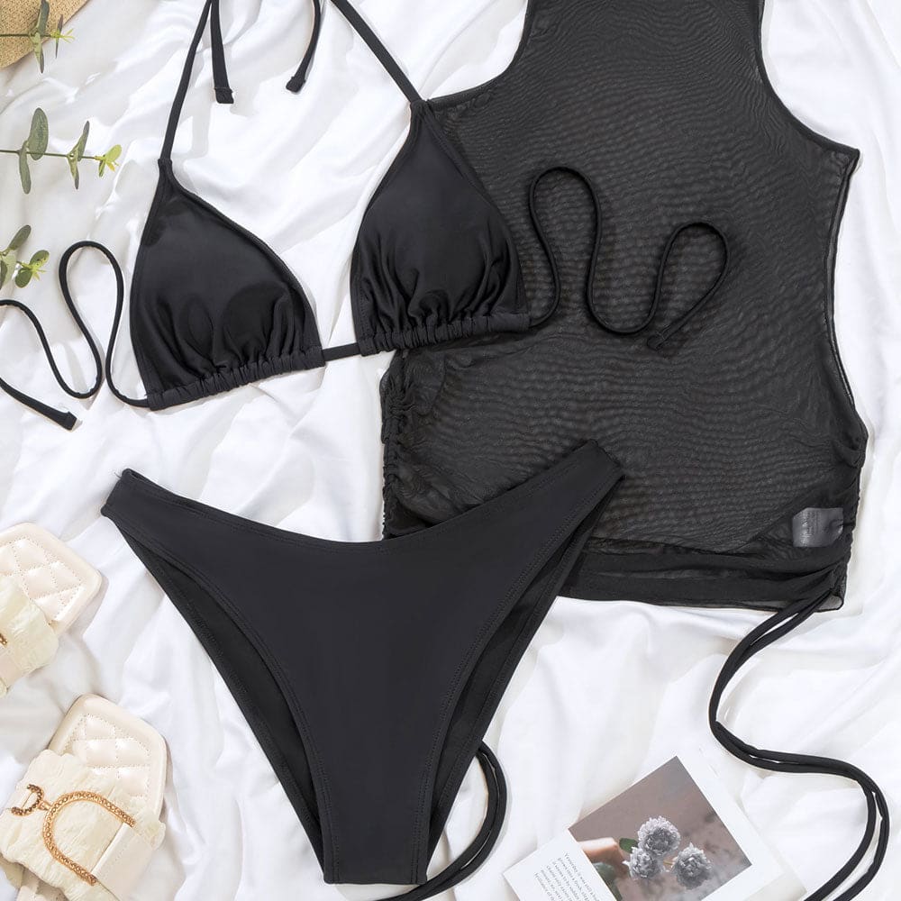 Athletic Sheer Cover Up Triangle Three Piece Swimsuit - On sale