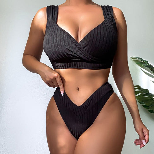 Athletic Wrap Front Rib Bralette Brazilian Bikini Swimsuit - Black / S On sale