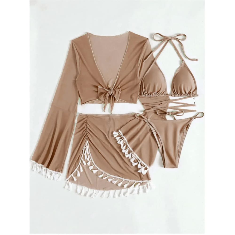 Beige boho tassel bikini set with tassel skirt and matching long-sleeved cover-up featuring white trim