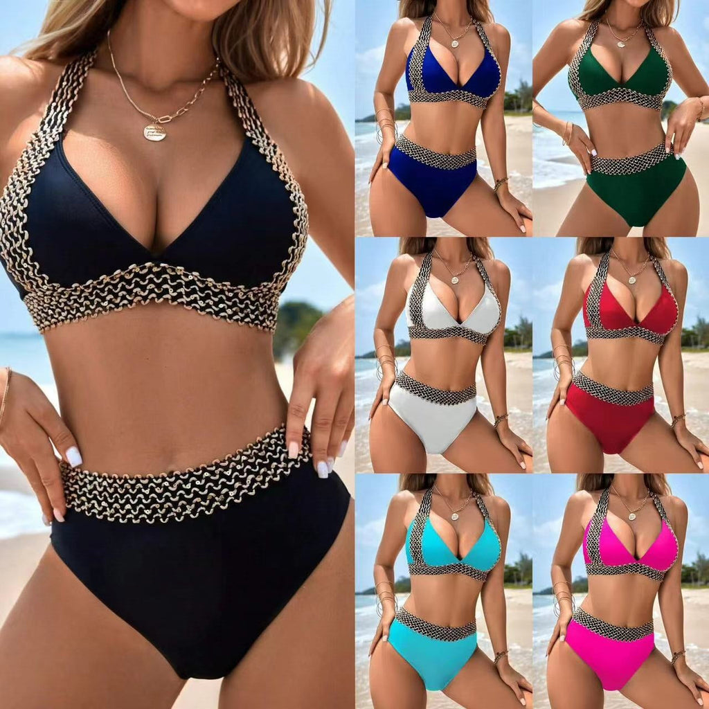 Black halter-neck bikini set with gold chain-link trim from 2026 European and American swimwear collection