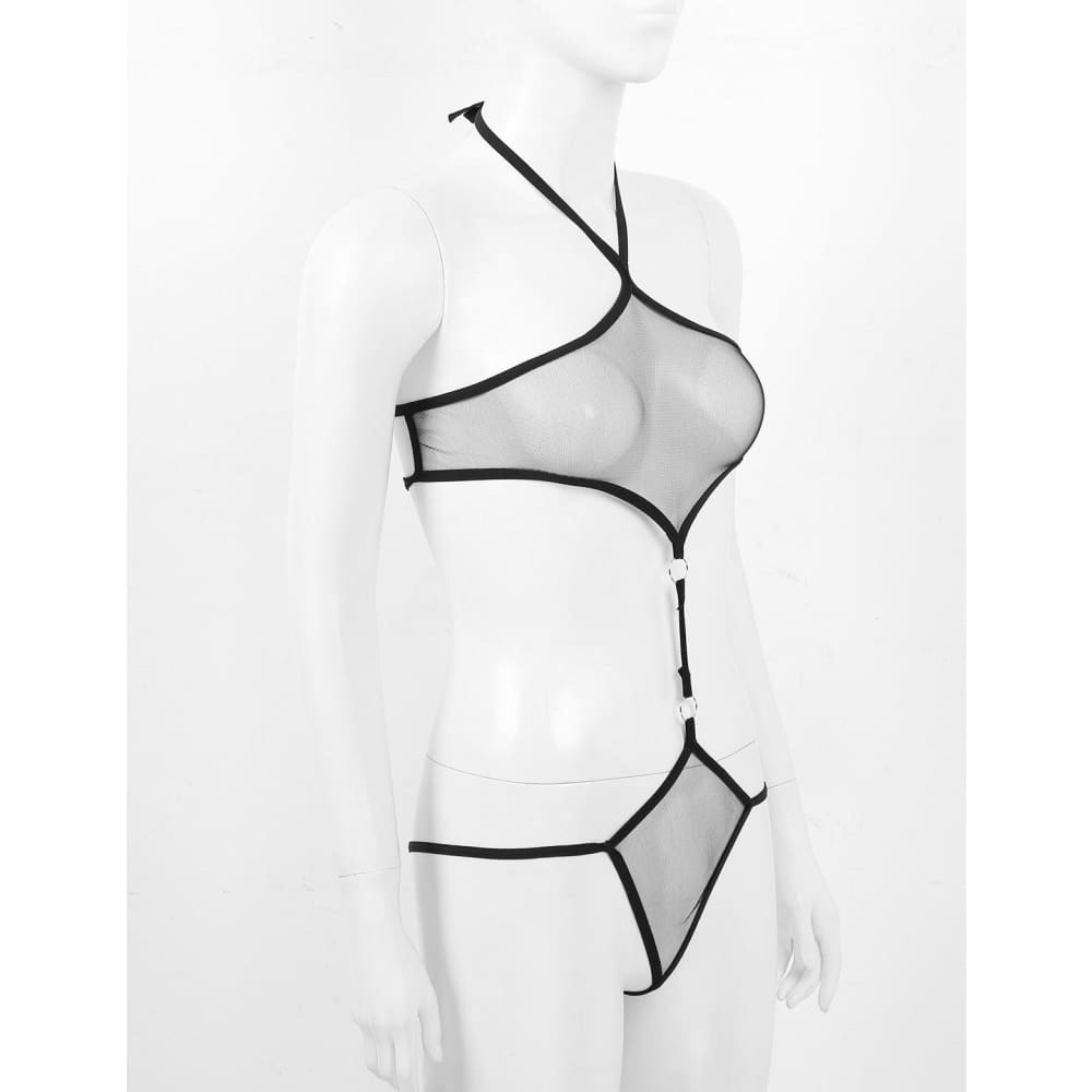 Black Halter Thong Monokini – Sheer Mesh One Piece Swimsuit - Size On sale