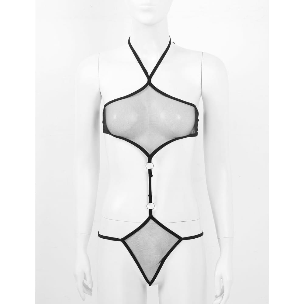Black Halter Thong Monokini – Sheer Mesh One Piece Swimsuit - Size On sale