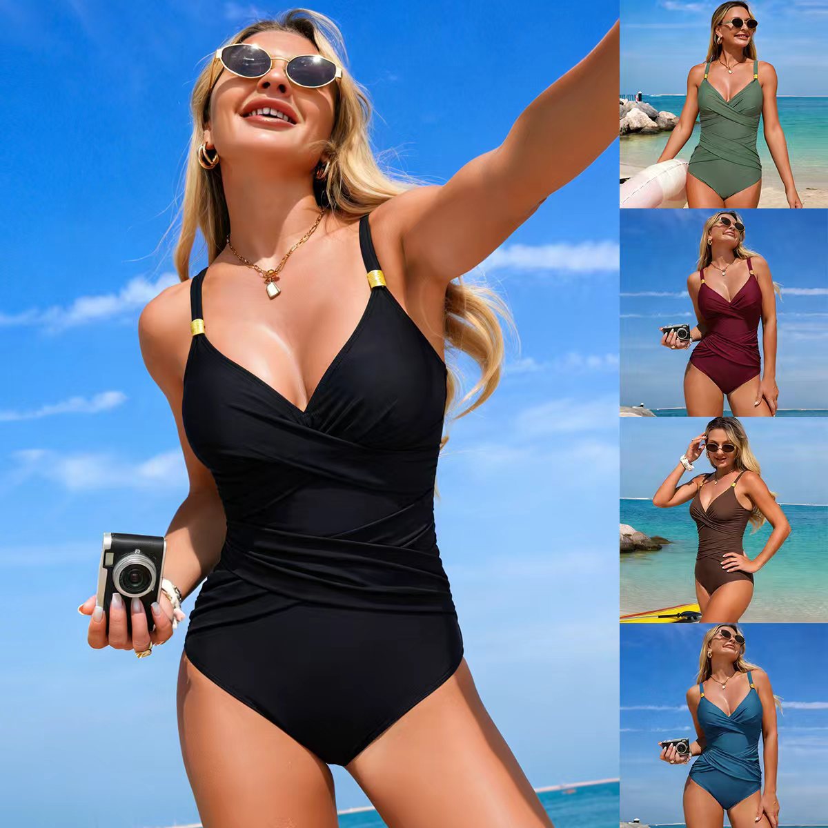 Black one-piece swimsuit with gold-trimmed straps and draped front design slim fit sporty swimwear for women