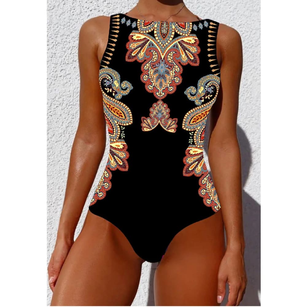 Black one-piece swimsuit with intricate ethnic floral animal paisley embroidery in gold red and blue tones