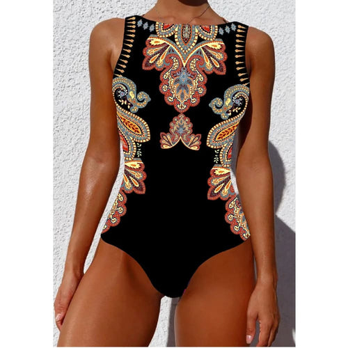Black one-piece ethnic floral animal swimsuit with intricate paisley embroidery in gold red and blue tones