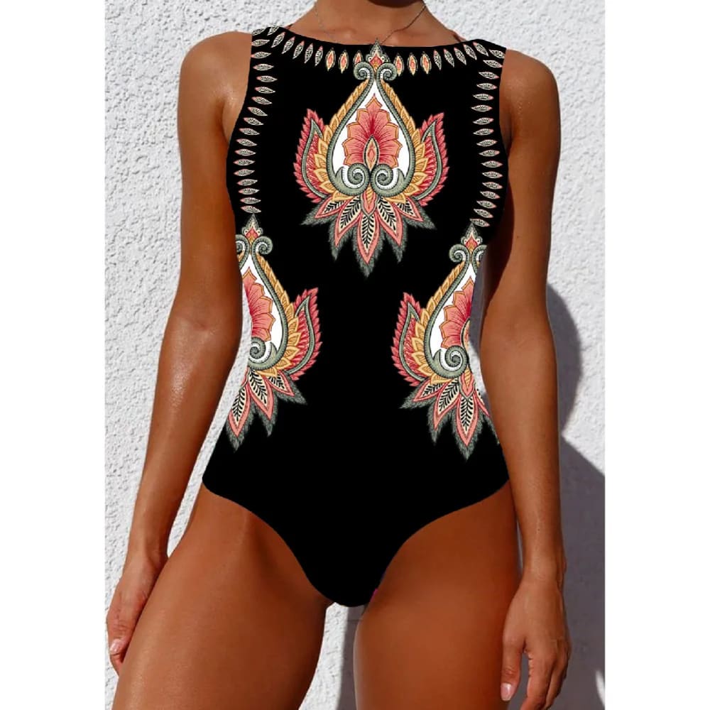Black one-piece swimsuit with intricate pink orange and gold ethnic floral animal embroidery for stylish swimwear