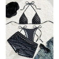 Black polka dot dot print 3-piece bikini set with adjustable tie straps and halter top for women
