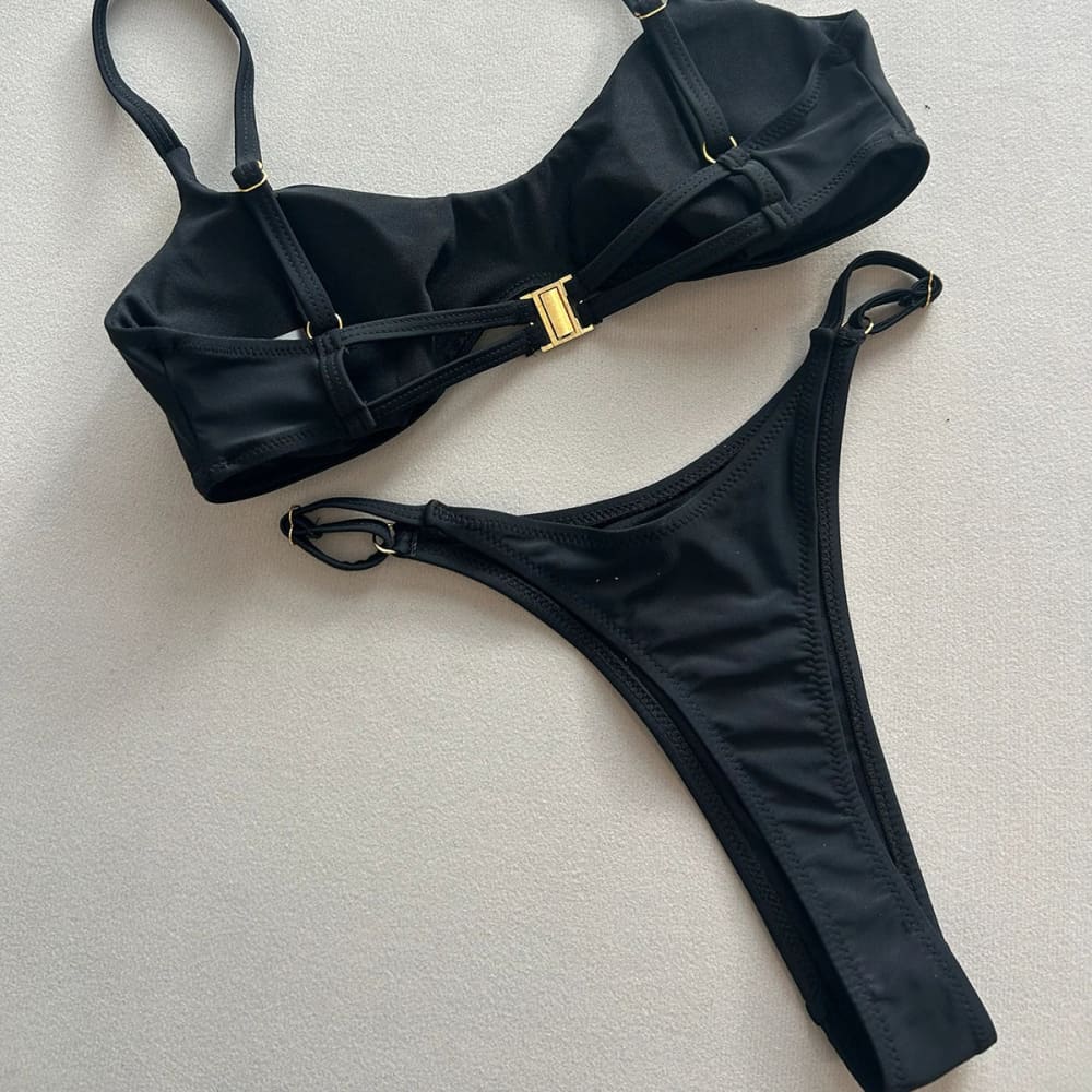 Black Push‑Up Ring Bikini Set with Low‑Waist Thong Bottom - On sale