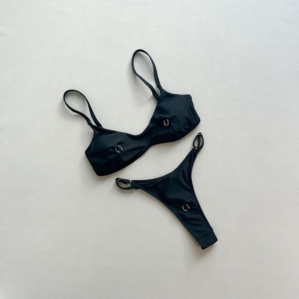 Black Push‑Up Ring Bikini Set with Low‑Waist Thong Bottom - On sale
