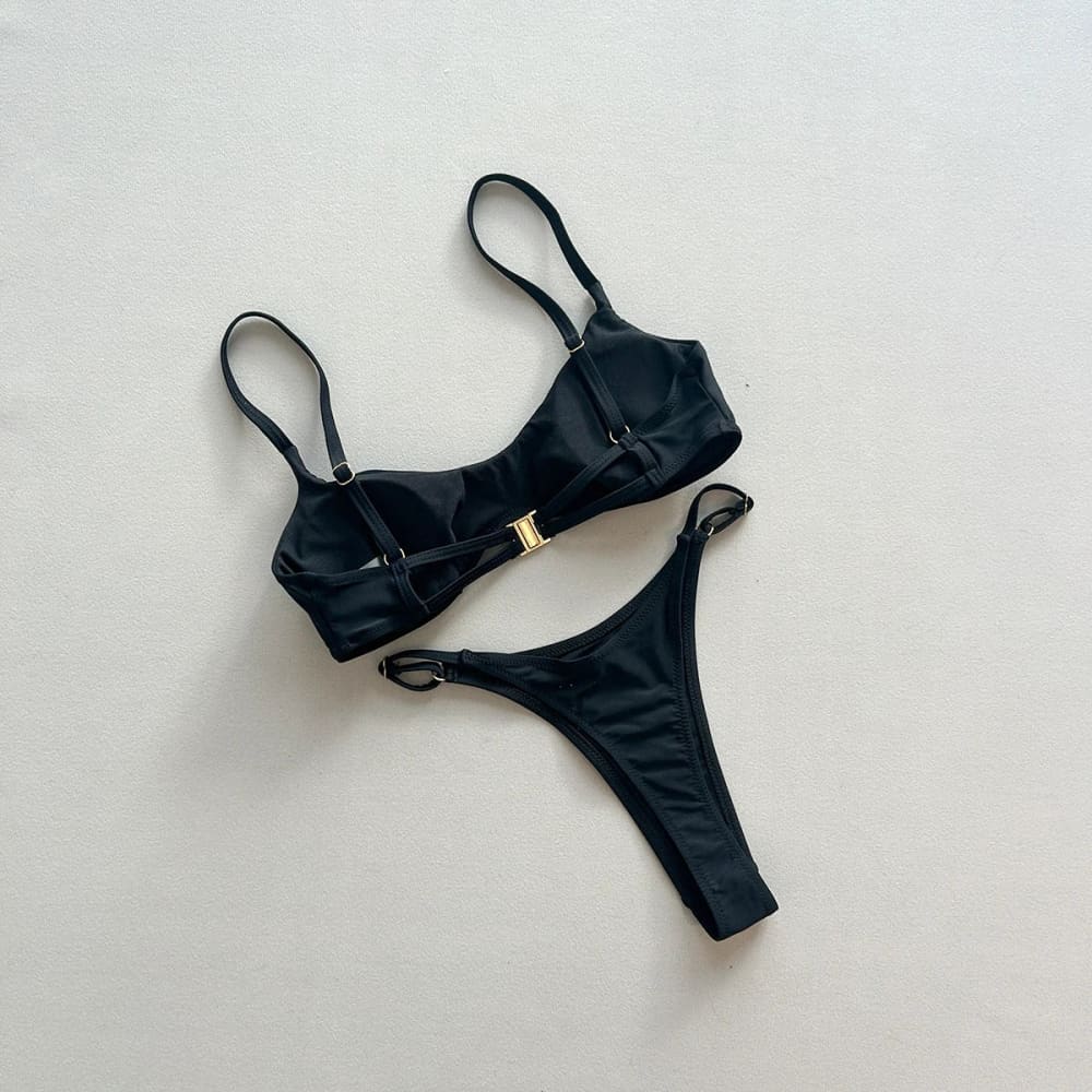 Black Push‑Up Ring Bikini Set with Low‑Waist Thong Bottom - On sale