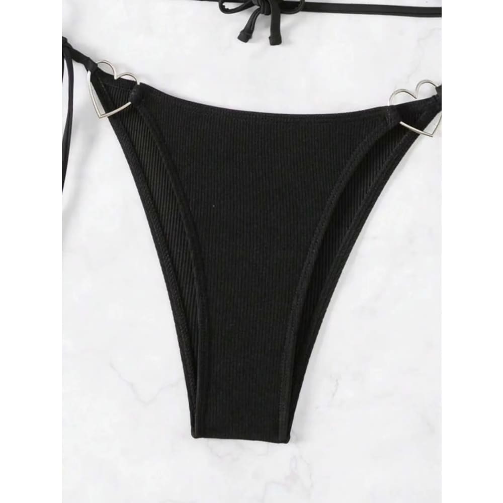 Black ribbed bikini bottom with heart-shaped metal rings and tie rope heart side design in two-piece set