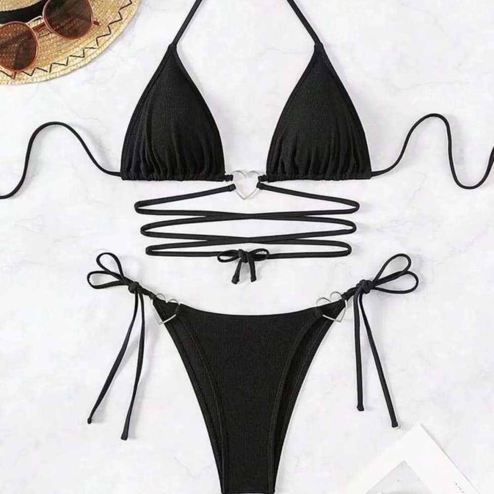 Black ribbed triangle bikini piece set with rope heart design clasp and tie rope straps with matching high-cut bottoms