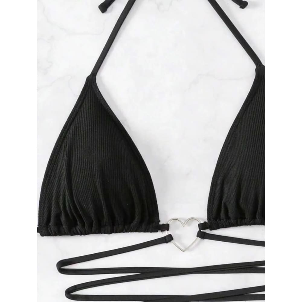 Black ribbed triangle bikini top with silver heart clasp and tie rope heart design in two-piece set