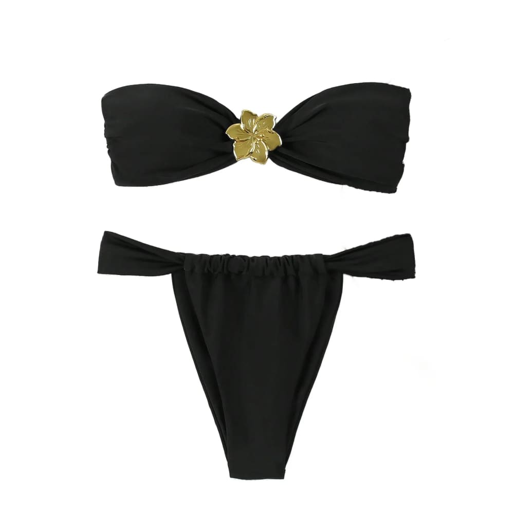 Black bandeau push-up bikini set with gold-plated flower clasp and matching brazilian thong bottom for women