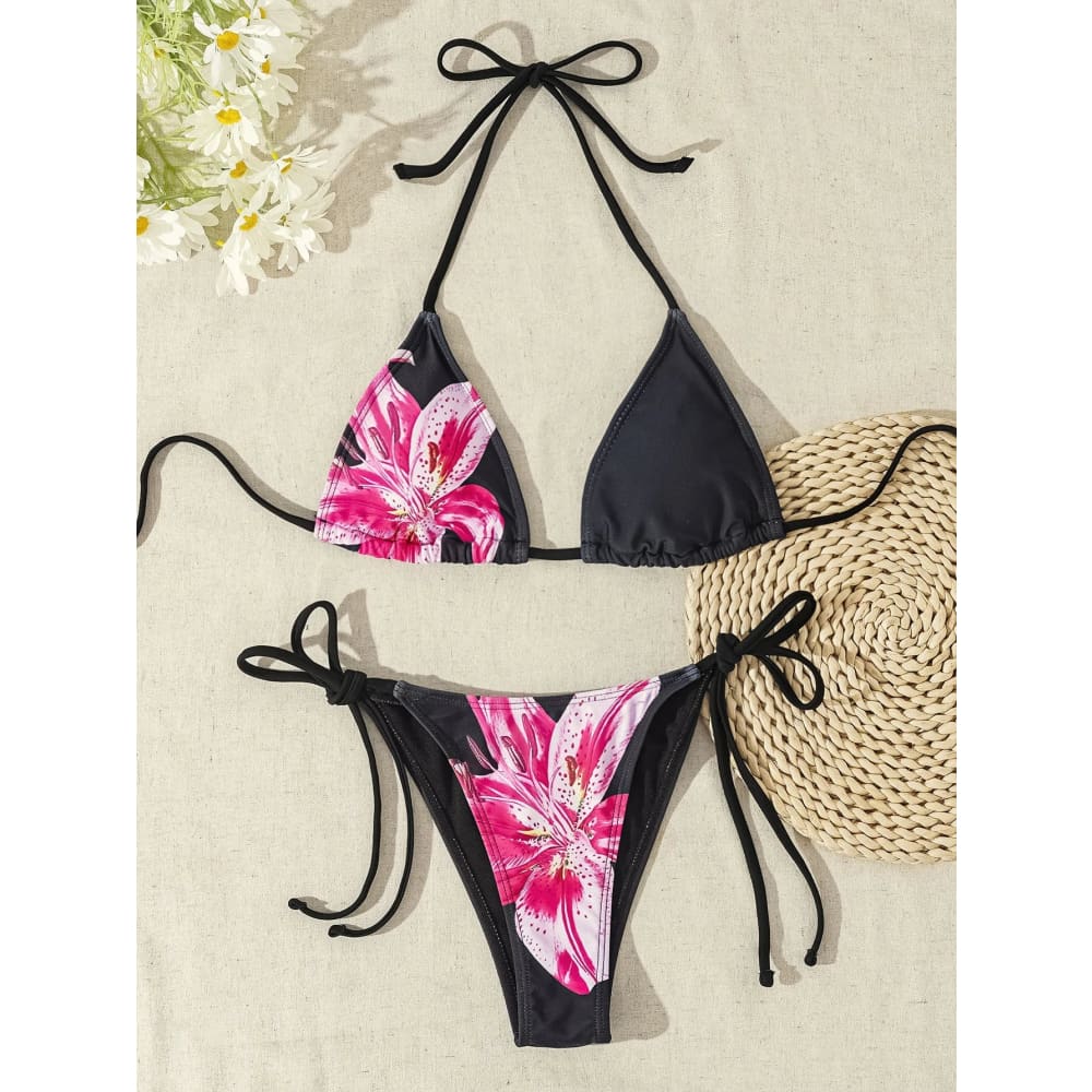 Floral push‑up triangle bikini set with black vibrant pink and white lily prints and adjustable tie-side brazilian bottoms
