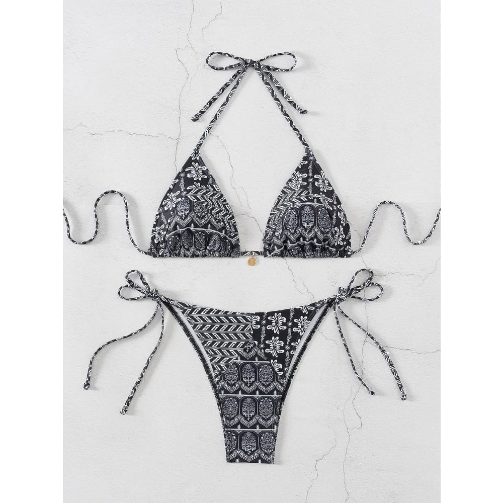 Black and white patterned triangle push up bikini set with intricate tribal designs and brazilian bottoms