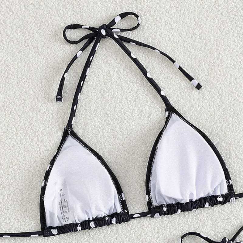 Black and white dot print 3‑piece bikini set with ruffled trim halter top and triangle cups for women