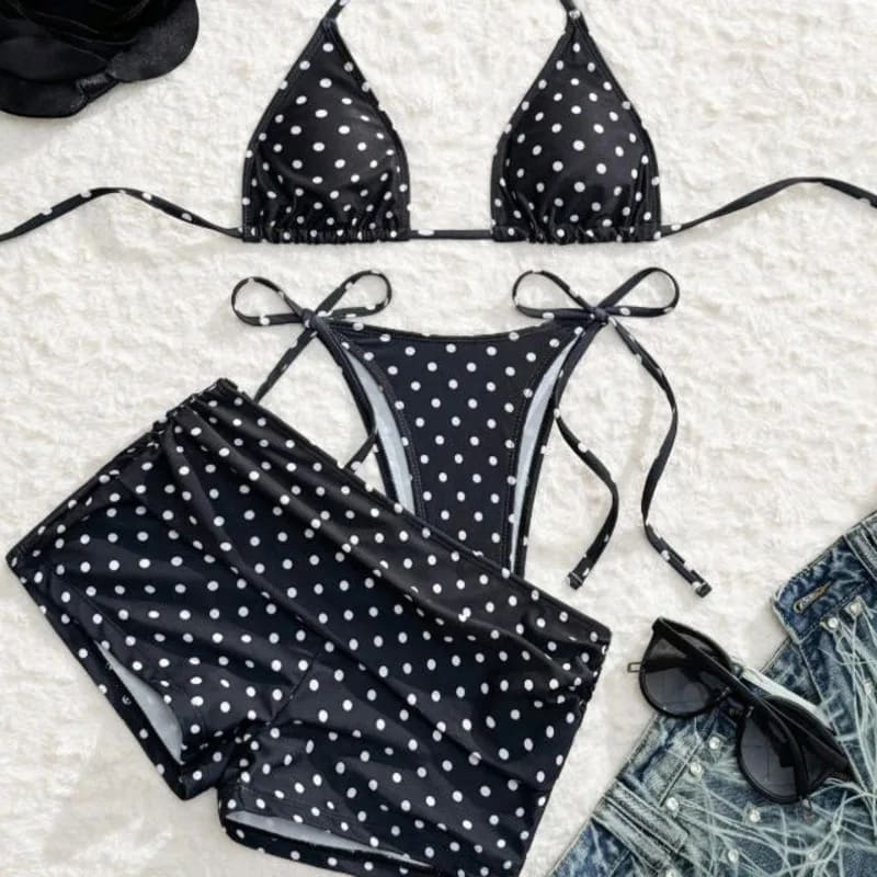 Black and white dot print 3‑piece bikini set featuring adjustable ties for a stylish and comfortable fit