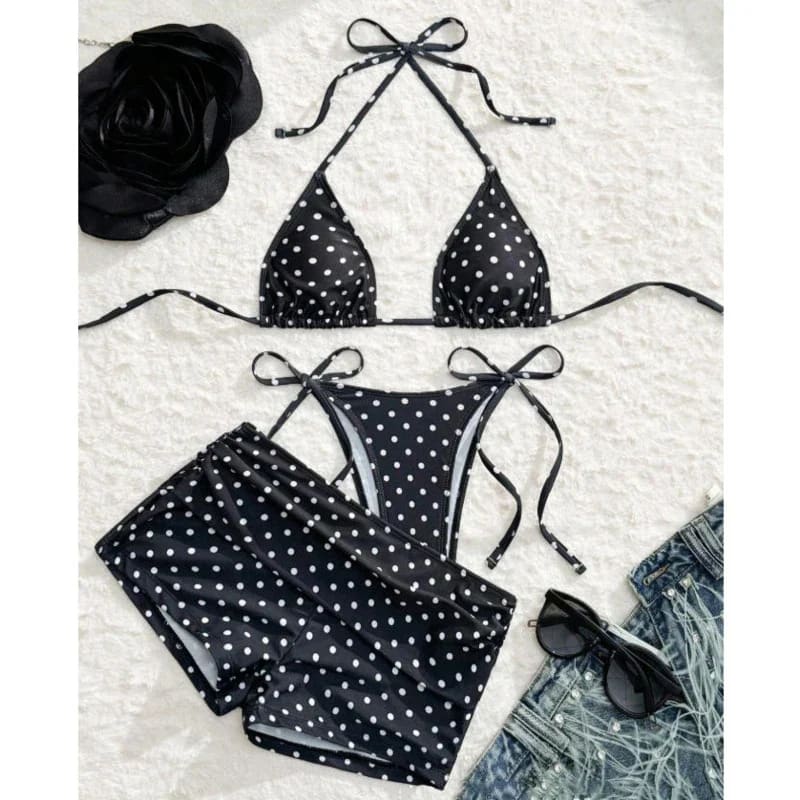 Black and white dot print 3-piece bikini set for women with adjustable tie straps and triangle top design