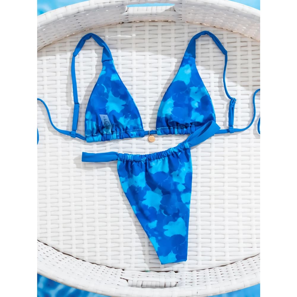 Blue tie-dye triangle push up bikini set with adjustable straps and matching brazilian bottoms for beachwear