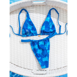 Blue tie-dye triangle push up bikini set with adjustable straps and matching brazilian bottoms for beachwear