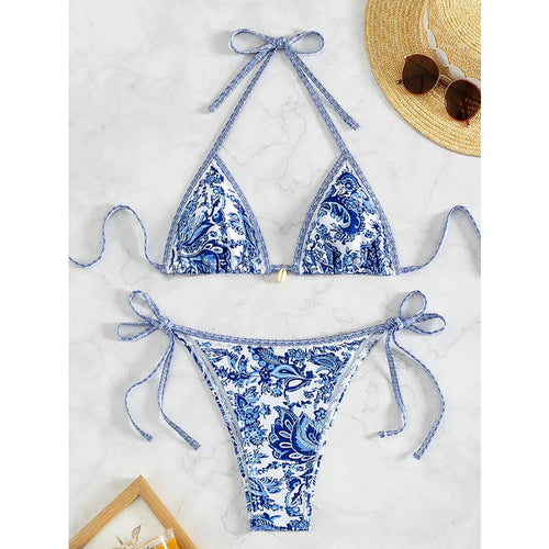 Blue and white floral patterned triangle push up bikini set with tie side strings and brazilian bottoms