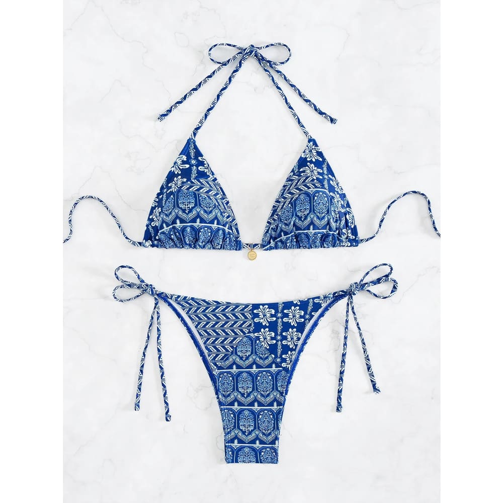 Floral push‑up triangle bikini set in blue and white with intricate patterns and adjustable tie-side brazilian bottoms