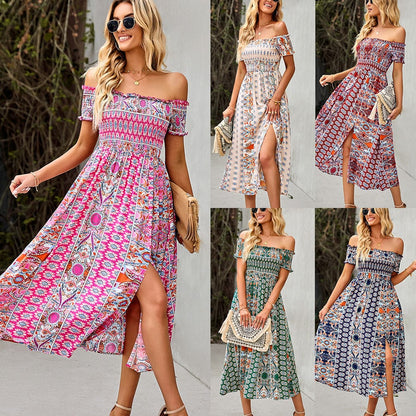 Boho Floral Off Shoulder Split Long A Line Beach Dress - On sale