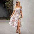 Boho Floral Off Shoulder Split Long A Line Beach Dress - Apricot / L On sale