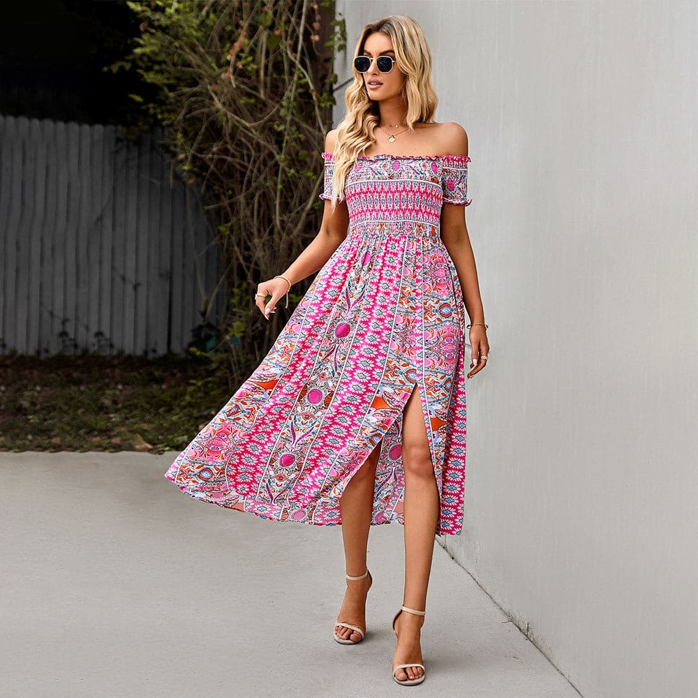 Boho Floral Off Shoulder Split Long A Line Beach Dress - Pink / L On sale