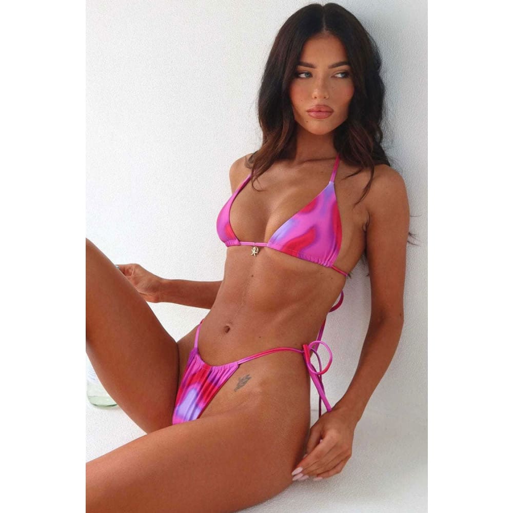 Boho Printed Triangle Bikini - Metallic Charm & Tie Side - Hot Pink / S On sale